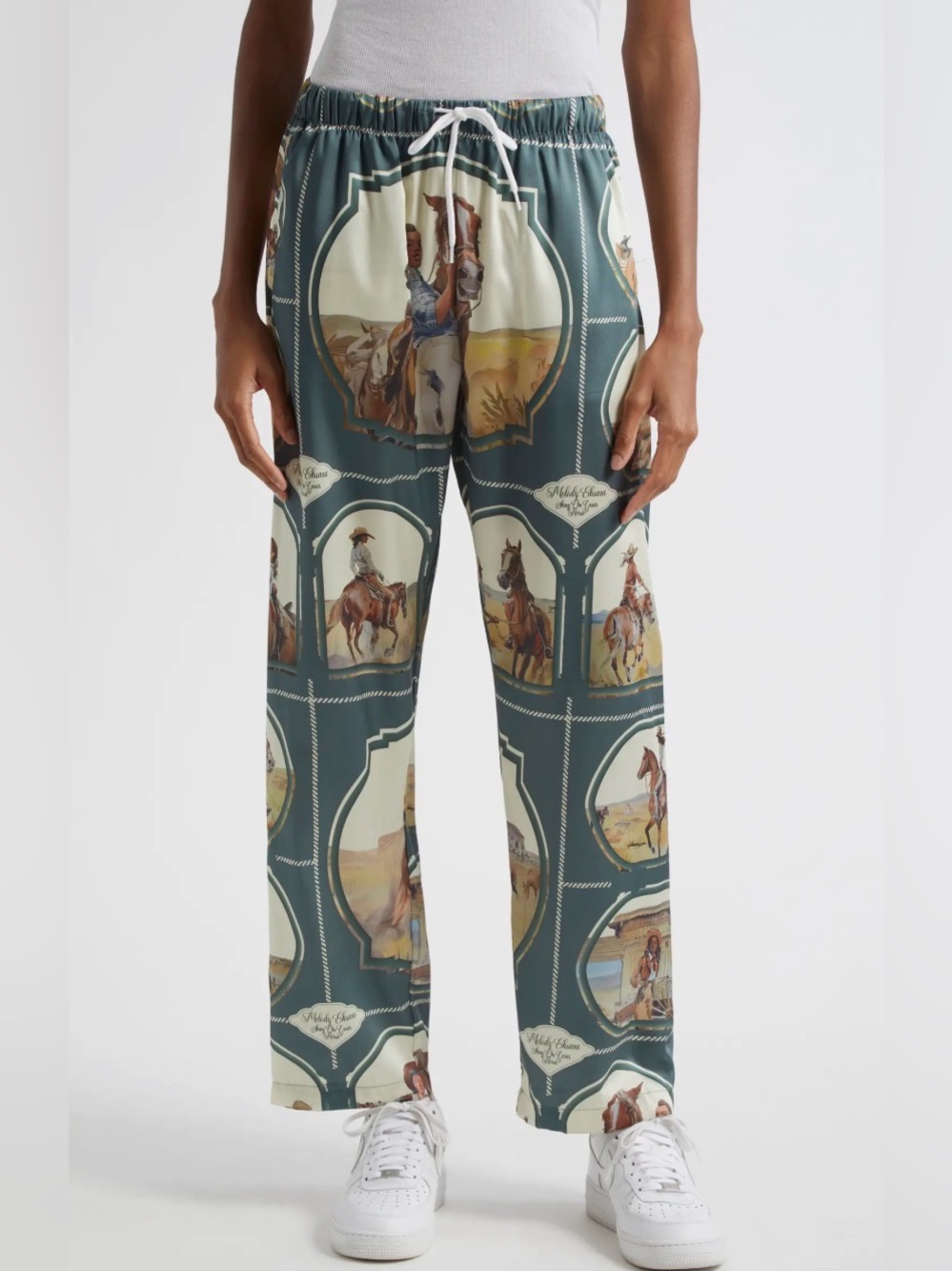 NWOT Melody Ehsani Western Print Pants - Olive Green, Cream, Brown